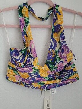 Zara Floral Halter Crop Top Purple Yellow Plunging V-Neck Smocked Sz M NWT Boho